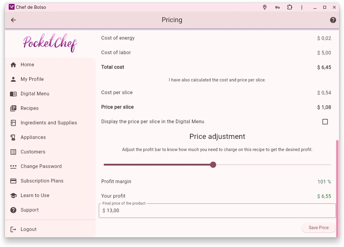 Recipes pricing